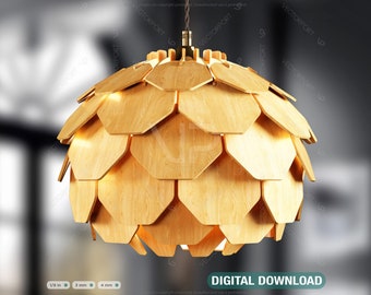 May include: A wooden pendant light fixture with a round, geometric shape. The light is made of many small, overlapping pieces of wood, creating a textured, honeycomb-like pattern. The light is hanging from a black cord and has a gold metal fixture.