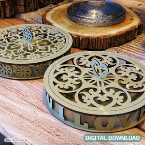 Boîte cadeau ronde en bois découpée au laser servant de boîte de bonbons de mariage en téléchargement numérique | SVG, DXF, IA |#082|