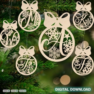 Bolas de Navidad Decoraciones para árboles Letras del alfabeto Adorno colgante Papel Descarga digital / SVG, DXF, AI /#008/