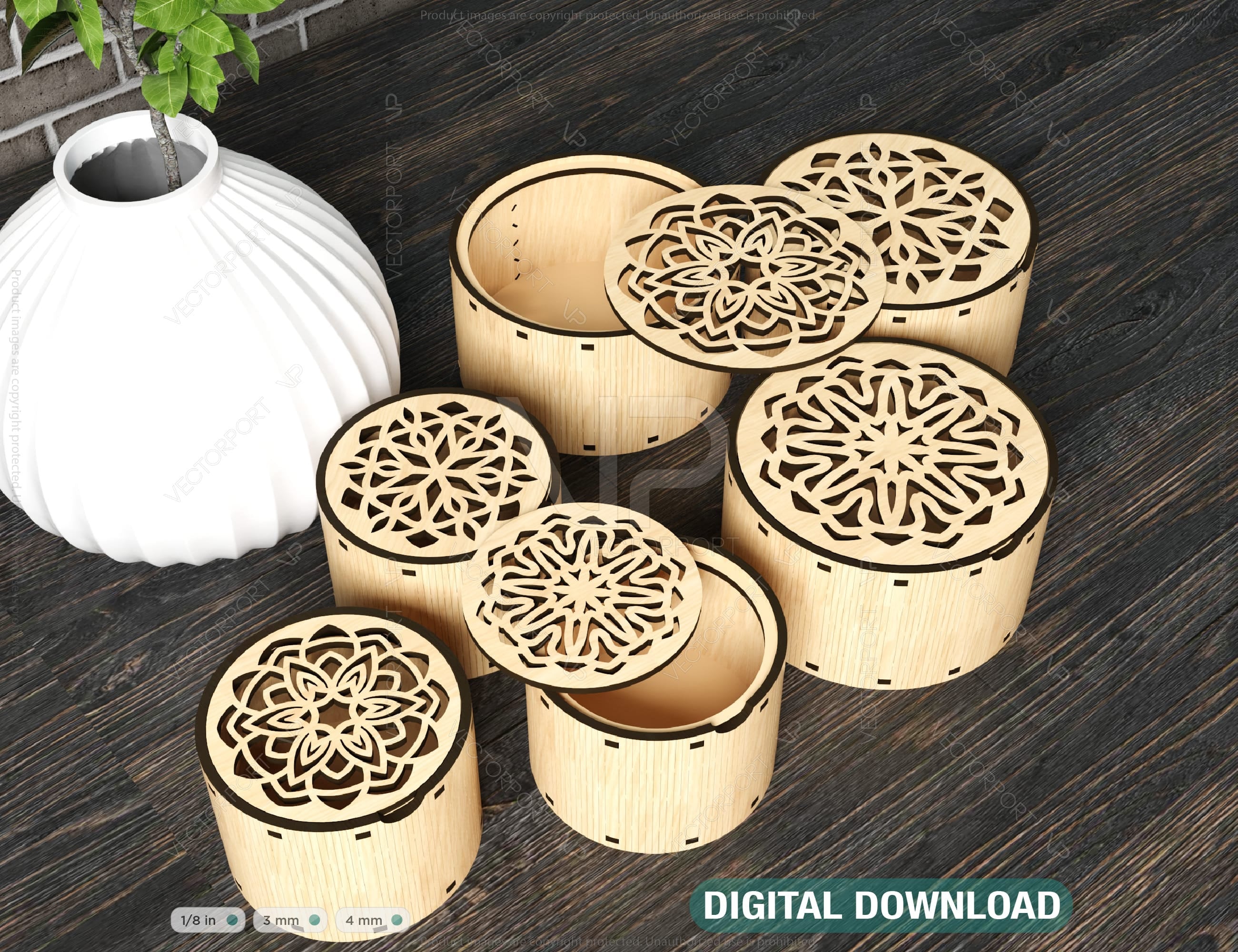 Decorative Round Wooden Gift Box Laser Cut Jeweler Case Wedding Love ...