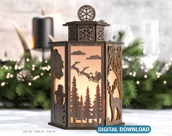 Christmas Lamp Night Light Deer Lantern Decoration Candle Holder Tea light Winter Snowy Forest Lantern Digital Download SVG |#231|