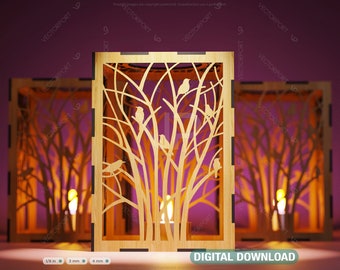 Tree with bird Leaf Candle Holder Laser Cut Lamp wood Tea light Lantern Votive Gift Digital Download SVG |#150|