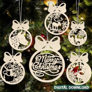May include: Six wooden Christmas baubles with intricate cutouts. The baubles feature a snowman, reindeer, a bull, snowflakes, and the text "Merry Christmas".