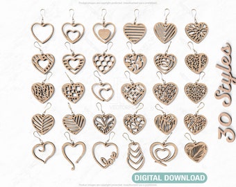 Heart Earring Svg 30 styles Glowforge Cricut Jewelry Pendants  laser cut Digital Download | SVG, DXF, AI |#048|