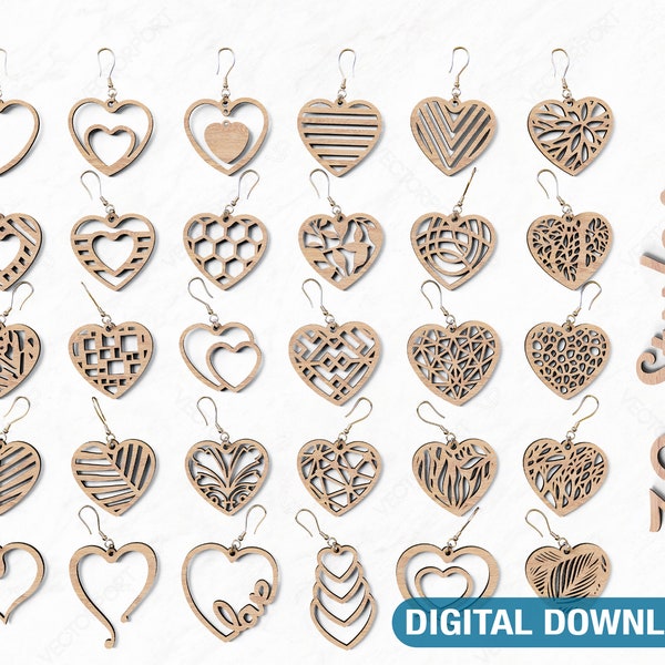 Coeur boucle d'oreille Svg 30 styles Glowforge Cricut Bijoux Pendentifs découpés au laser Téléchargement numérique | SVG, DXF, IA |#048|