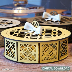Confezione regalo di nozze bomboniera rotonda in compensato tagliato al laser Download digitale, SVG, DXF, AI /#077/