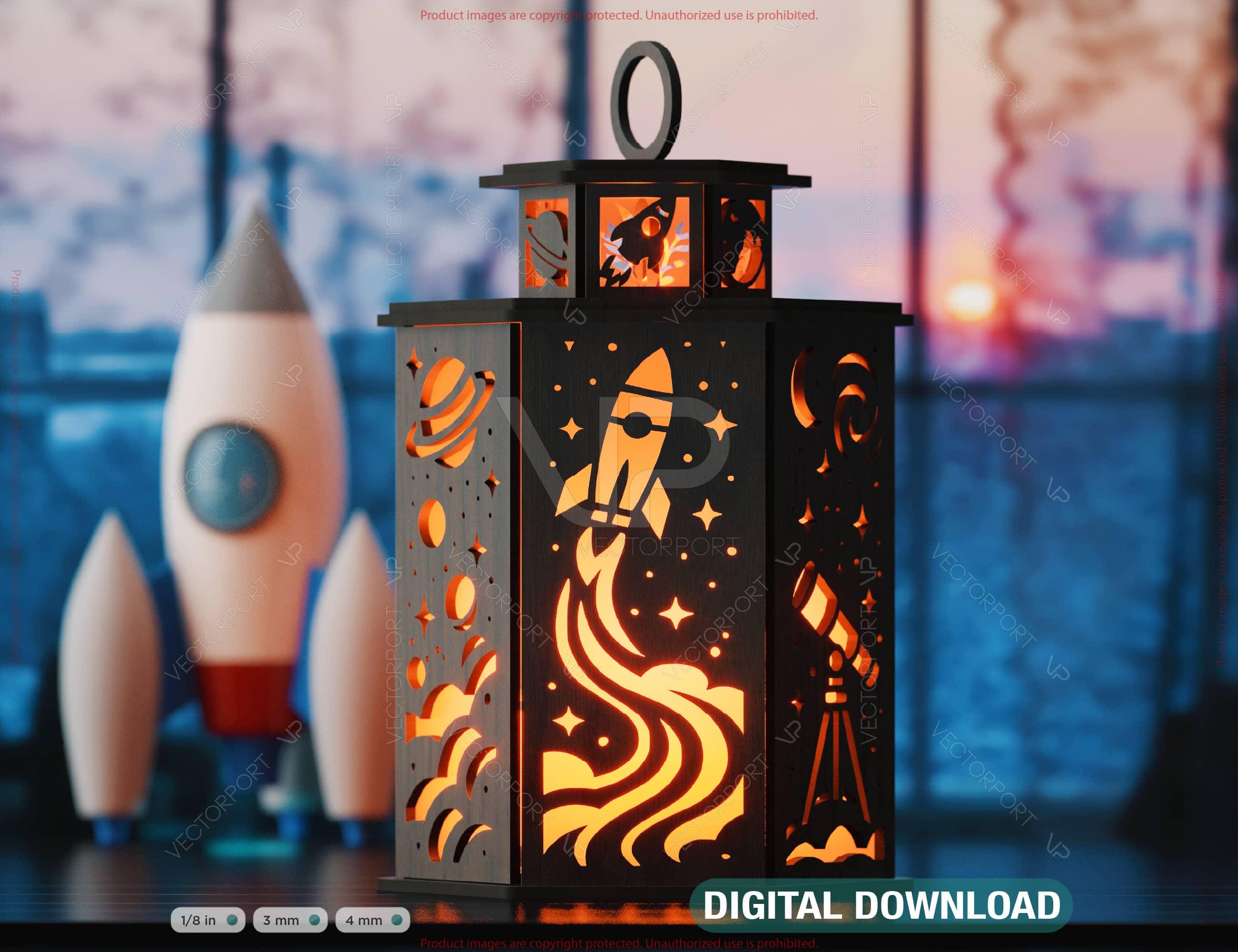 Space Theme Laser Cut Table Lamp with Planets Rockets and Stars Celestial Night Light for Kids Room or Space Lovers Digital Download |#247|
