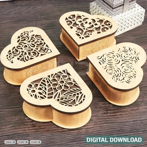 Holzherzförmige Schmuck Laser cut Box Vorlage Hochzeit Liebesgeschichte Vektor-Modell Schmuckschatulle geschnitten Datei | SVG, DXF |#131|
