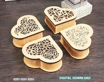 Coração de madeira em forma de jóias modelo de caixa de corte a laser Modelo de vetor de história de amor de casamento Arquivo de corte de caixa de jóias | SVG, DXF |#131|