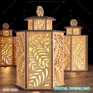 Wooden Decorative Lantern with tropical leaves Night Light opener door Lampshade Candle Holder Tea light Digital Download | SVG, DXF |#108|