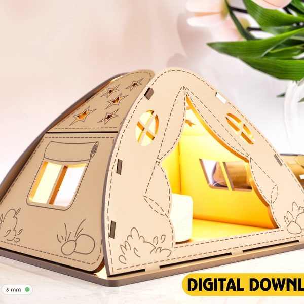 Wooden Tent Shape Laser Cut Night Light Lamp Laser Cutting Camping Tent Home Table Candle Holder Tea light Digital Download SVG |#158|