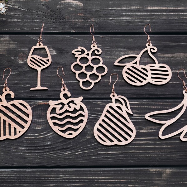 Cute Fruit Earrings For Women Grape Strawberry Laser Wooden Laser Cut Earrings Jewelry Pendants Digital Download | SVG, DXF, AI |#117|