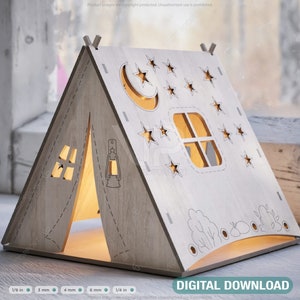 Wooden Tent Shape Night Light Lamp Laser Cutting Camping Tent Home Lampshade Table Candle Holder Tea Digital Download | SVG, DXF, AI |#106|