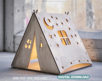 Wooden Tent Shape Night Light Lamp Laser Cutting Camping Tent Home Lampshade Table Candle Holder Tea Digital Download | SVG, DXF, AI |#106|