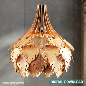 Tropical Leaves Cone Hanging wooden chandelier lamp shade Pendant light template svg laser cut Digital Download | SVG, DXF, AI |#100|