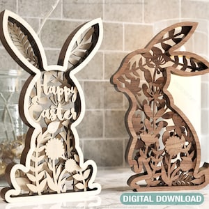 Fichiers de Pâques découpés au laser Bunny SVG, téléchargement numérique multicouche lapin floral | #178|