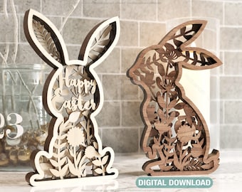 Easter Laser Cut Files Bunny SVG layered bundle, Floral rabbit multilayer Digital Download |#178|