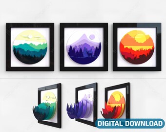 Mountains landscape multilayer shadow box Painting Frame Wall Decoration Digital Download | SVG, DXF, AI |#043|