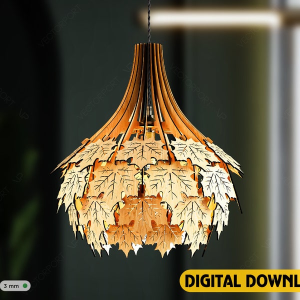 Feuilles d'érable scandinaves Suspension en bois lustre abat-jour Modèle de lumière pendentif svg découpé au laser Téléchargement numérique | SVG, DXF, IA |#128|