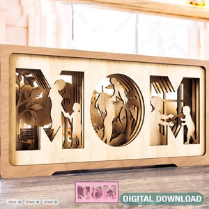 Regalo para el Día de la Madre con forma de madre e hijo en capas, plano SVG de caja de sombra, descarga digital de regalo DIY /#197/