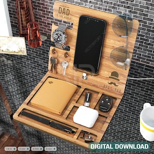 Vatertagsgeschenk Personalisiert, Handy Ladestation, Personalisierte Gegenstände Tisch Organizer, Holz Docking Station Digitaler Download |#208|