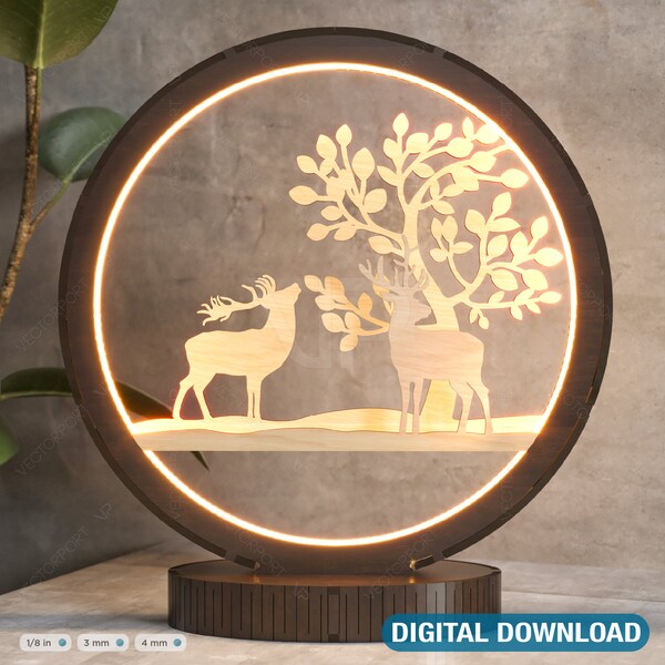 Verschneite Szene Hirsch 3D Led-Licht Laser Cut Nachtlampe Runde Moderne Nachttischlampe Digitaler Download |#229|