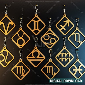 Brincos cortados a laser com 12 constelações para mulheres Joias do signo do zodíaco Astrologia Leão Libra Áries Download digital de madeira | SVG, DXF, IA |#118|