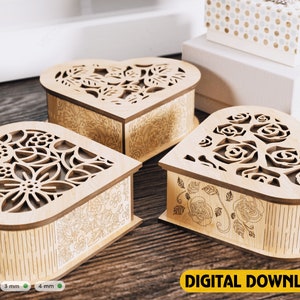 Wooden Heart shaped Jewelry laser cut Box template Wedding Love story vector model Digital Download | SVG, DXF |#113|