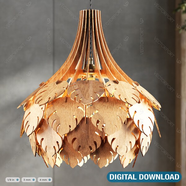 Tropical Leaves Cone Hanging wooden chandelier lamp shade Pendant light template svg laser cut Digital Download | SVG, DXF, AI |#100|