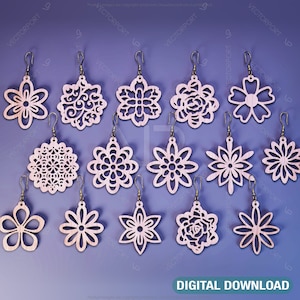 Pacchetto di 15 orecchini di fiori Modelli a goccia tagliati al laser per gioielli da donna Pendenti Glowforge in legno Download digitale / SVG, DXF, AI /#122/