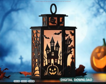 Straszna lampa halloweenowa – świecznik na tealight w kształcie upiornego nawiedzonego domu do pobrania w wersji cyfrowej |#252|