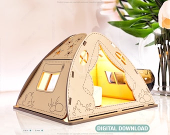 Wooden Tent Shape Laser Cut Night Light Lamp Laser Cutting Camping Tent Home Table Candle Holder Tea light Digital Download SVG |#158|