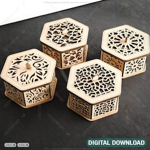 Hexagon Laser Cut Dekorative Geschenkbox aus Holz Hochzeit Gunsten Laser geschnitten Juwelier Etui Digital Download | SVG, DXF, AI |#144|