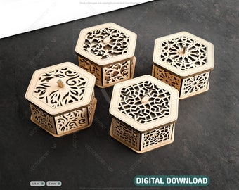 Hexagon laserskuren dekorativ presentask i trä, laserskuren bröllopsgåva, juvelerarfodral, digital nedladdning | SVG, DXF, AI |#144|