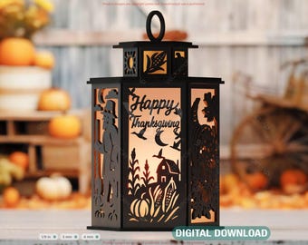 Thanksgiving Lantern Tealight Holder SVG – Autumn Leaves, Pumpkins & Turkey Candle Box Digital Download |#253|