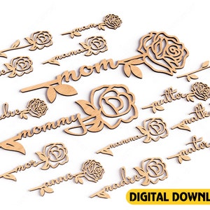 Mother's Day Roses Laser Cut Art Acrylic wood Personalized Flower in different languages Digital Download | SVG, DXF |#139|
