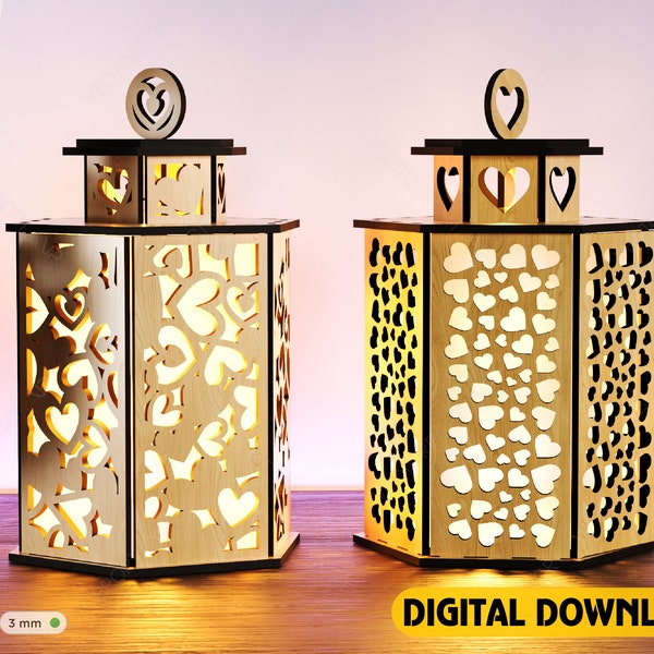 Wooden Decorative Lantern Laser  Cut Heart shape Night Light 3D Laser Lampshade Table Candle Holder Digital Download | SVG, DXF, AI |#137|