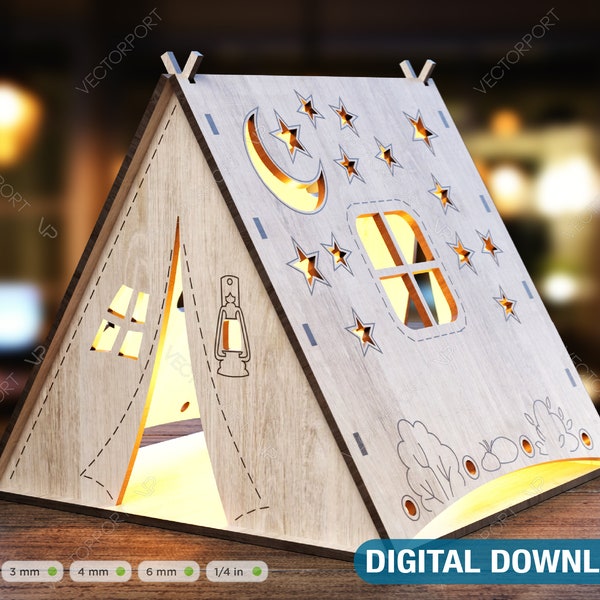 Drewniany kształt namiotu Lampka nocna Cięcie laserowe Namiot kempingowy Domowy abażur Świecznik stołowy Herbata Digital Download | SVG, DXF, AI |#106|