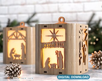 Nativity Scene Candle Holder Christmas Eve with baby Jesus, Traditional Lantern Tea Curved Corner Digital Download SVG |#236|