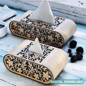 Puede incluir: Dos cajas de pañuelos de madera con recortes florales. Las cajas son rectangulares con bordes redondeados y un acabado de madera clara. Cada caja tiene un pañuelo blanco que sobresale. El texto "DIGITAL DOWNLOAD" está en la parte inferior.