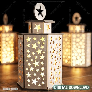 Wooden Decorative Lantern Laser  Cut star Night Light Laser Cutting opener Candle Holder Tea light Digital Download | SVG, DXF, AI |#107|