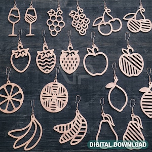 Bonitos pendientes de frutas para mujer, Pendientes cortados con láser de madera con láser de uva y fresa, Colgantes de joyería, Descarga digital, SVG, DXF, AI, #117/