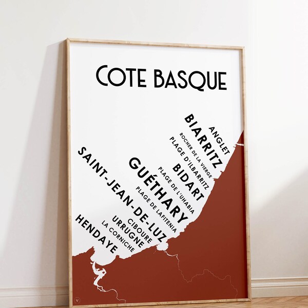 Carte de la Côte basque - Affiche 30x40 cm - Idée cadeau pour amoureux du Pays basque