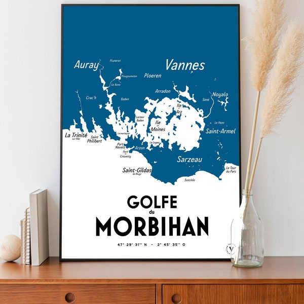 Carte du Golfe du Morbihan - Affiche 30x40 cm - Idée cadeau pour amoureux de la Bretagne