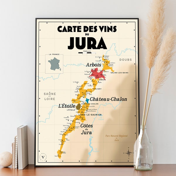 Carte des vins du Jura - Affiche 30x40cm - Idée cadeau pour amoureux du vin