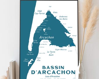 Carte du Bassin d'Arcachon - Affiche 30x40 cm - Idée cadeau pour amoureux du Bassin d'Arcachon