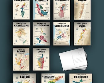 Pack of 13 Postcards - Wine Map of Burgundy, Loire, Bordeaux, Beaujolais, Corsica... - Gift idea for wine lovers - 10x15 cm