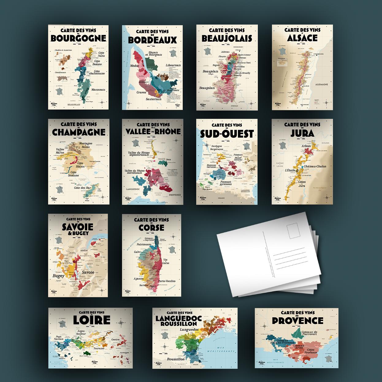 Pack of 13 Postcards - Wine Map of Burgundy, Loire, Bordeaux, Beaujolais, Corsica... - Gift idea for wine lovers - 10x15 cm