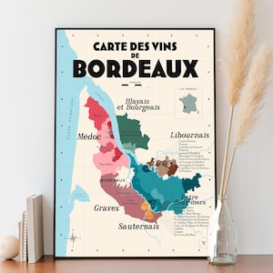 Carte des vins de Bordeaux - Affiche 30x40 cm - Idée déco pour amoureux du vin