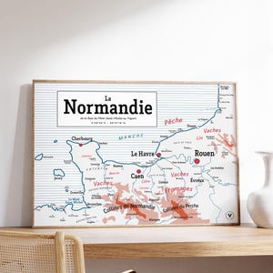 Carte vintage scolaire de la Normandie - Affiche 30x40 cm - Idée cadeau pour amoureux de la Normandie